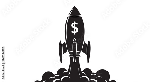 Rocket ship with dollar sign on its side launching with smoke, symbolizing financial growth or startup success isolated on transparent background
