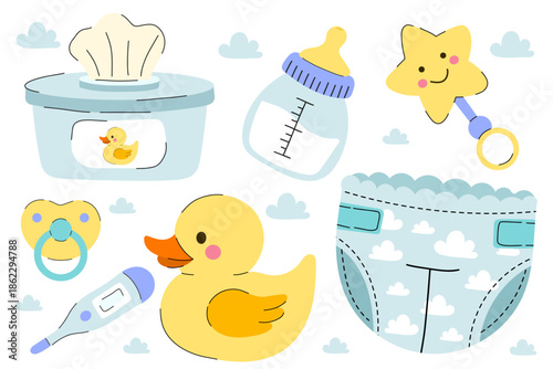 Baby boy daily care essentials with wet wipes, diaper and rubber duck. Flat illustration of infant care items: blue nappy with clouds, feeding bottle and digital thermometer. 