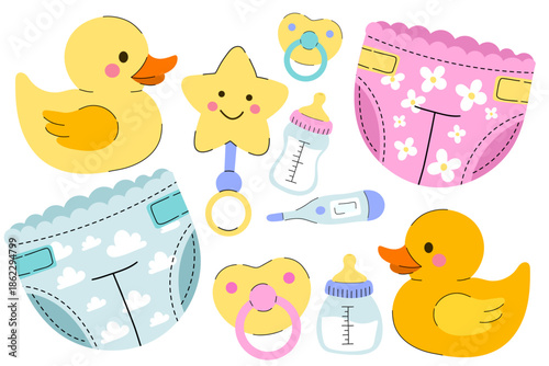 Newborn baby care set with diapers, feeding bottles, pacifiers and rubber ducks. Flat illustration of infant essentials: star rattle, digital thermometer and nappies with cloud and floral prints.