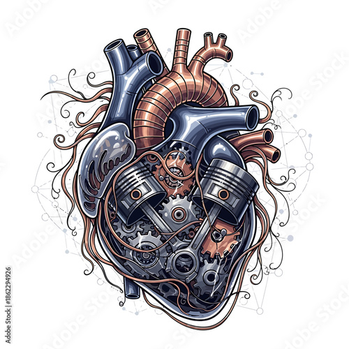 Stunning illustration of a mechanical heart, intricately designed with gears, pistons, and metallic components, representing the complex vital engine of life