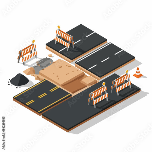 Isometric Road Construction Elements and Asphalt Paving, Repair and Maintenance Icon