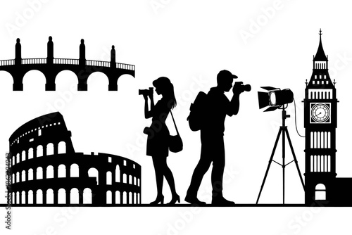 Artistic black and white silhouette composition showing landmarks, couples, photographers, and studio lighting equipment, vector illustration perfect for photography concepts, travel themes, romance, 