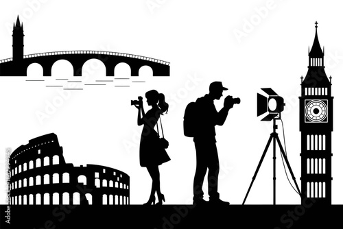 Artistic black and white silhouette composition showing landmarks, couples, photographers, and studio lighting equipment, vector illustration perfect for photography concepts, travel themes, romance, 