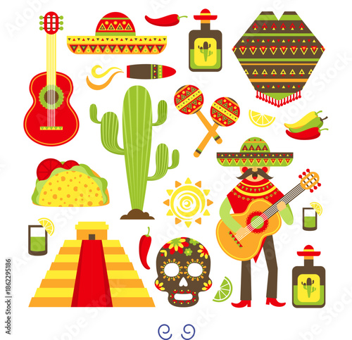 Fiesta of Culture: A vibrant array of Mexican cultural icons, from a mariachi serenading with his guitar to a colorful skull, creating a tapestry of joy and tradition. 