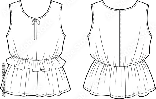 cad drawing flat vector illustration, sleeveless peplum top design with round neckline, front tie detail, gathered waist, ruffle hem fashion sketch