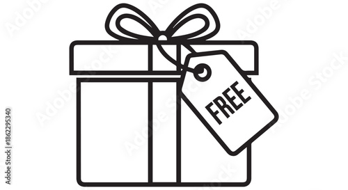 Outline drawing of a gift box with a ribbon and a free tag, isolated on transparent background