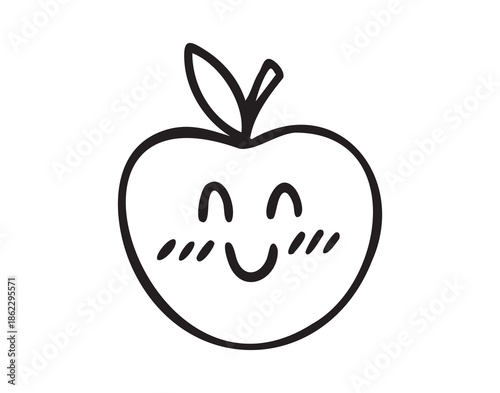 Smiling apple with closed eyes, cute classroom doodle, line art outline contour, monochrome, hand drawn