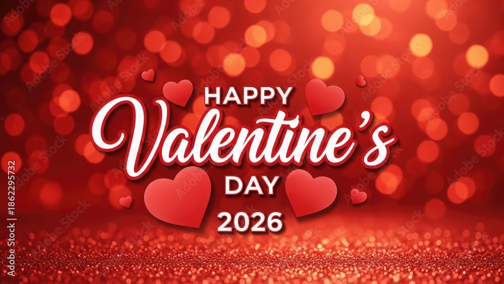 Naklejka premium Happy Valentines Day 2026 red hearts bokeh