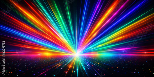 A vibrant abstract rainbow background features a psychedelic fractal pattern of glowing light and digital energy with a colorful star burst and motion blur design