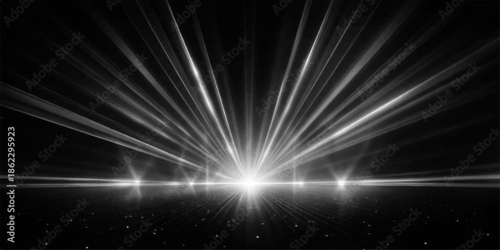 Fototapeta premium Glowing blue abstract background featuring bright energy rays and a cosmic star burst effect with a flash of light in the dark night sky space design
