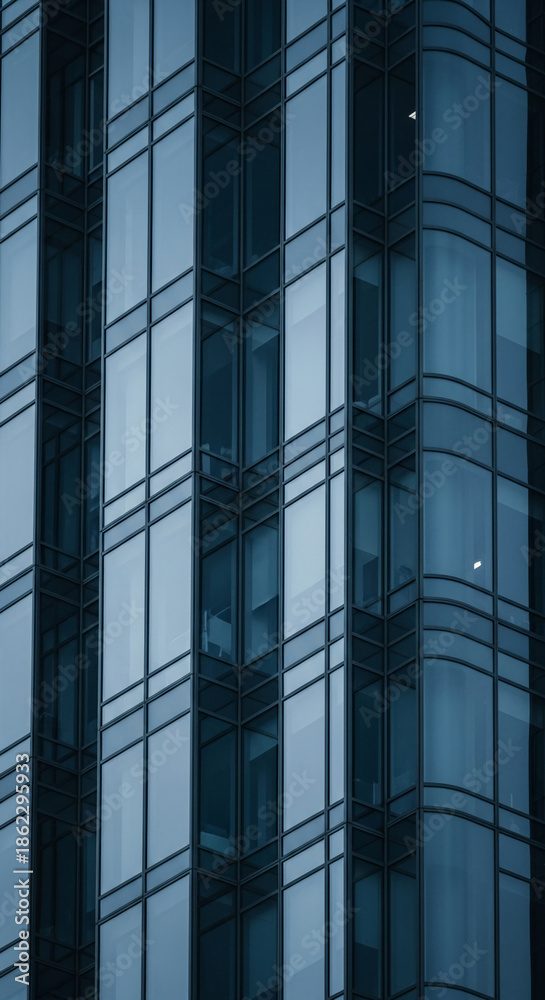 Obraz premium Close-up of glass facade, showcasing a modern building's geometric design, reflecting light and shadow, symbolizing corporate strength and urban development
