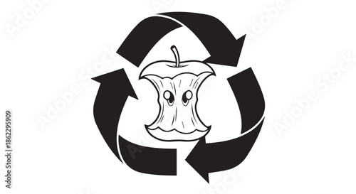 Apple core with recycling symbol isolated on transparent background