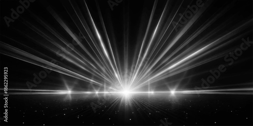 Glowing blue abstract background featuring bright energy rays and a cosmic star burst effect with a flash of light in the dark night sky space design