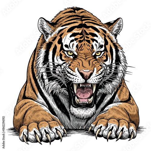 Intense Roaring Tiger Vector Art Illustrating the Majestic Power and Ferocity of a Wild Predator with Piercing Eyes and Aggressive Snarl