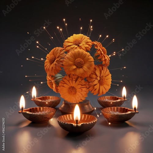 Colorful Diwali Night with Lanterns, Diyas, and Vibrant Fireworks