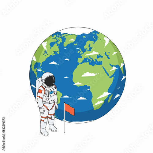 Flat Illustration Astronaut Standing on the Earth and Planting Flag