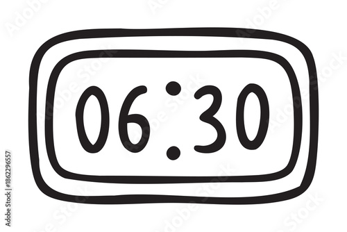 Alarm clock 6:30, early morning class, line art planner doodle, outline contour, monochrome, hand drawn