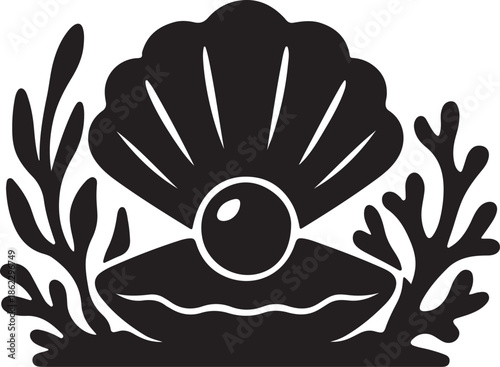 Open clam shell silhouette with pearl and underwater seaweed vector illustration