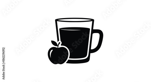 A simple black and white illustration depicts a glass of liquid alongside a small apple