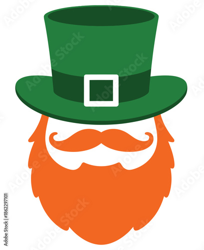 Stylized illustration of a leprechaun's head featuring a vibrant green top hat with a white buckle and a bushy orange-red beard and mustache.