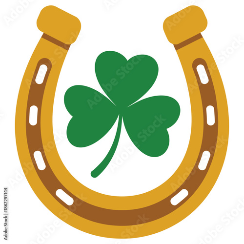 Golden horseshoe with a vibrant green shamrock inside, symbolizing luck and Irish heritage.