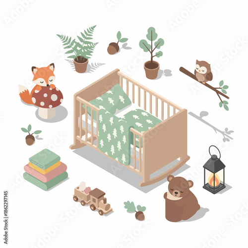 Isometric Style Detailed Nursery Scene with Wooden Crib and Decoration