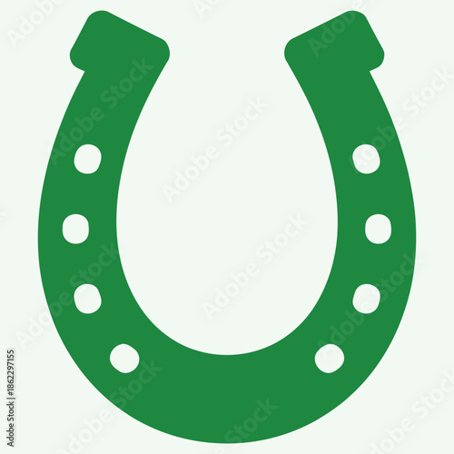 A simple green horseshoe with white nail holes on a light background, a traditional symbol of good luck.