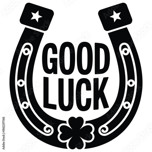 Black horseshoe graphic with 'GOOD LUCK' text and a four-leaf clover, symbolizing good fortune and Irish luck.