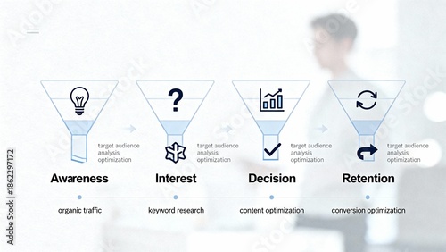 Simple infographic showing digital marketing funnel stages, SEO keywords online business strategy