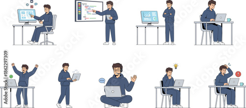 Male programmer coding on laptop and working with software development