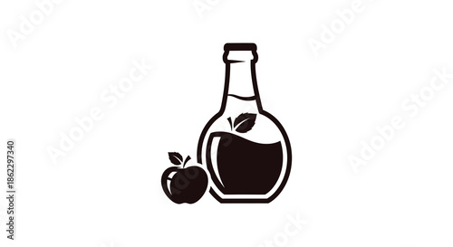 A simple black and white illustration depicts a bottle filled with a dark liquid and an apple