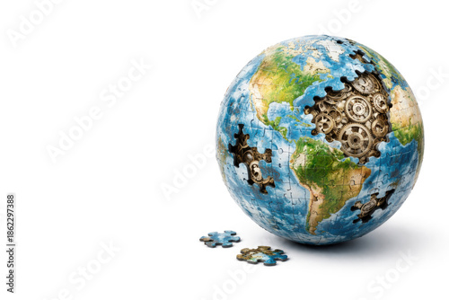 The globe is like a puzzle with mechanical gears inside. Space for text.