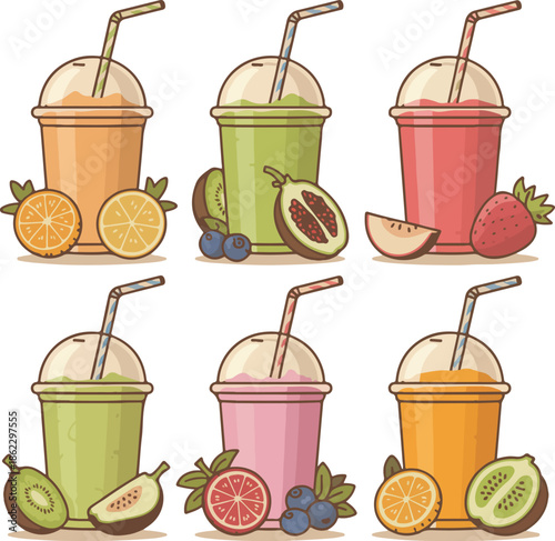 Colorful vector illustration of assorted fruit juices and drinks in glasses 