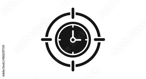 A simple black and white illustration depicting a target with a clock in the center