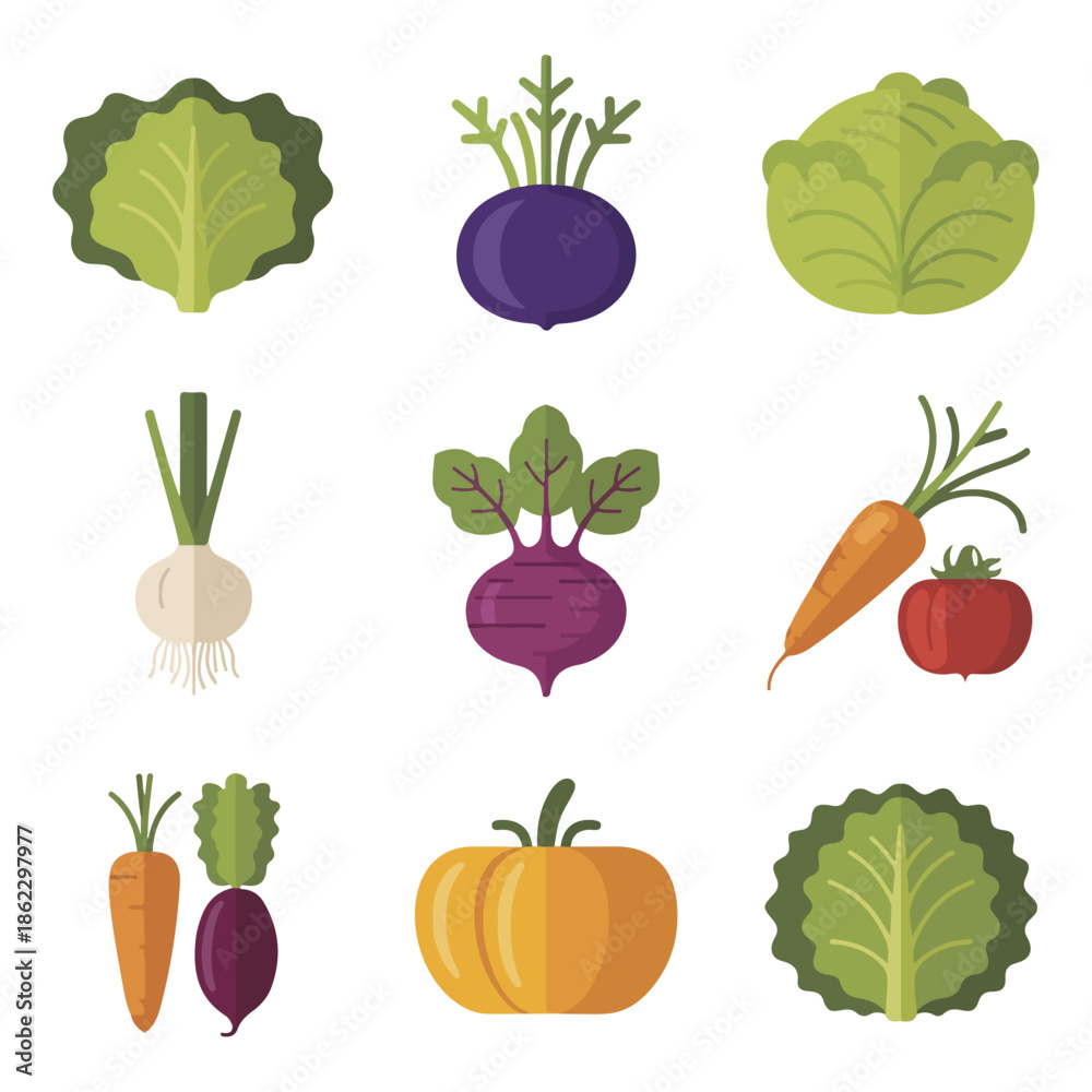 Fototapeta premium a healthy cartoon set of vegetables including tomato onion carrot pepper cucumber garlic eggplant pumpkin cabbage broccoli and radish isolated on white background