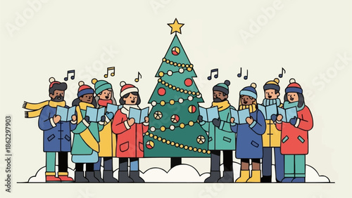 Children and adults singing Christmas carols around a decorated tree.
