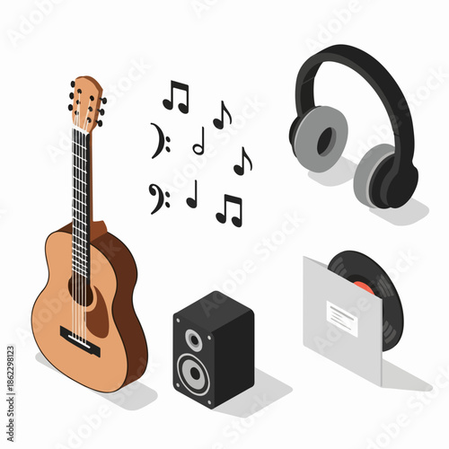 Isometric Detailed Music Instrument and Audio Equipment Object Illustration Set