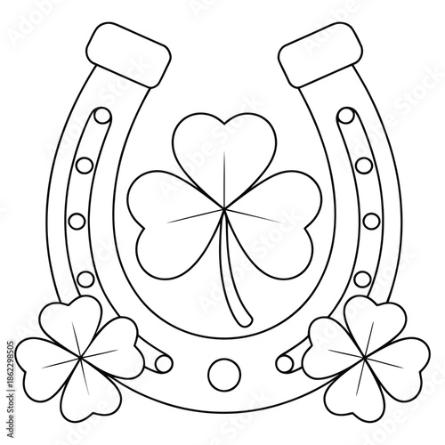 Black and white line art drawing of a lucky horseshoe with a shamrock inside and two four-leaf clovers at the bottom, perfect for coloring.