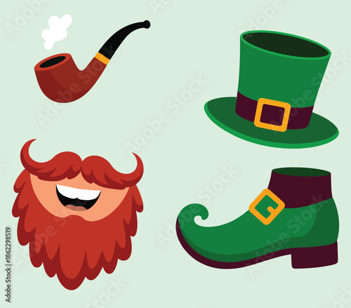 Collection of St. Patrick's Day themed items including a leprechaun hat, beard, pipe, and shoe illustration.