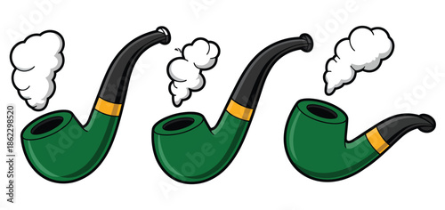 Three cartoonish green smoking pipes with black stems and gold bands, each emitting white smoke, depicted on a white background.