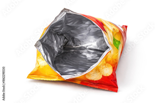 Open empty potato chip bag, insulation on a white background.