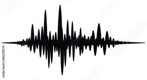 A striking black and white waveform illustration representing audio signals or sound vibrations in detail