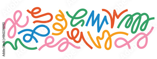 Abstract Organic Color Line Shapes. Vector Squiggle Pattern Design. Background with Fun Kid Graphics. Wave Party Color Lines Isolated on Bg