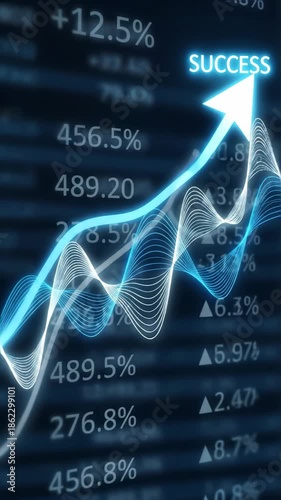 Rising financial graph with upward trending lines and increasing percentages. Animated stock market visualization showing growth and success culminating in golden liquid pour symbolizing wealth