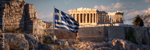 Greek Flag Waving Before Ancient Parthenon at Sunset