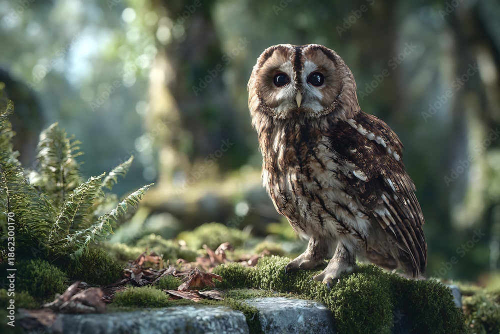 Fototapeta premium Majestic owl perched on mossy stone in serene forest environment