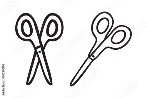 Open and closed scissors, stationery pair, line art school doodle, outline contour, monochrome, hand drawn
