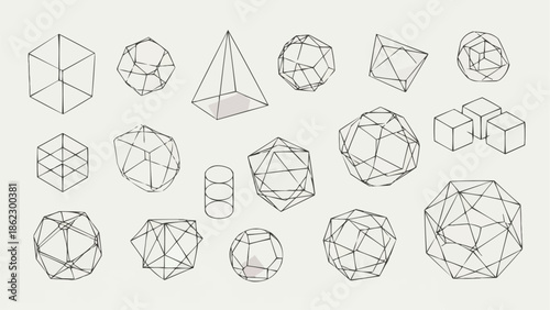 Collection of Geometric Shapes Wireframe Objects.
