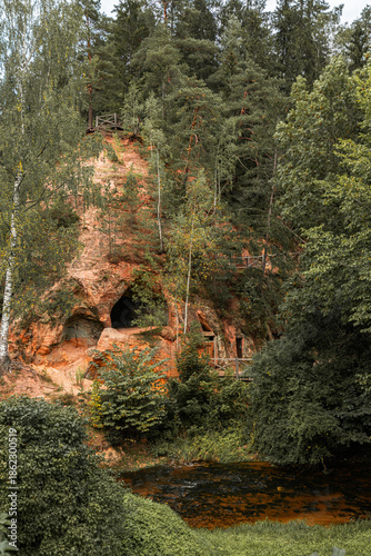 The forest in the mountains. Caves in sandstone. Ligatne, Latvia.
