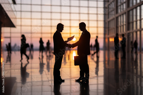 Tableau sur toile a striking silhouette of two businessmen shaking hands in a modern building lobb